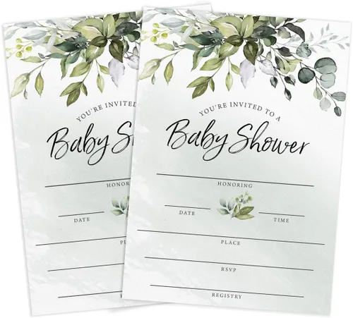 Vista 4 de Printed Party Invitaciones y sobres para baby shower, eucalipto verde, juego de 30