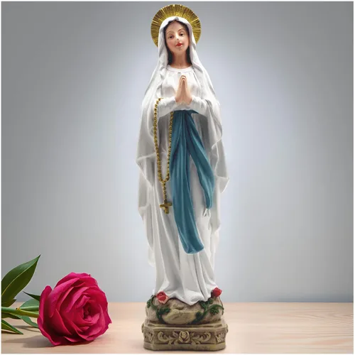 Vista 11 de Estatua de Nuestra Señora de Gracia – Figura de 8.5 pulgadas, decoración religiosa católica de resina para altar del hogar, mesa de oración, Azul