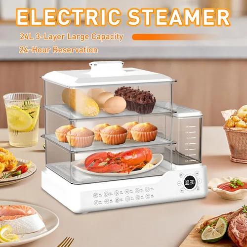 Vista 2 de Vaporizador eléctrico de 24L/25QT, vaporizador de alimentos de 3 niveles, vaporizador comercial de acero inoxidable con tanque de agua desmontable