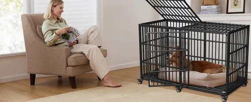 Vista 6 de Jaula de perro resistente de 64 pulgadas para perros indestructible, jaula de alta ansiedad con puertas dobles para razas gigantes extra grandes