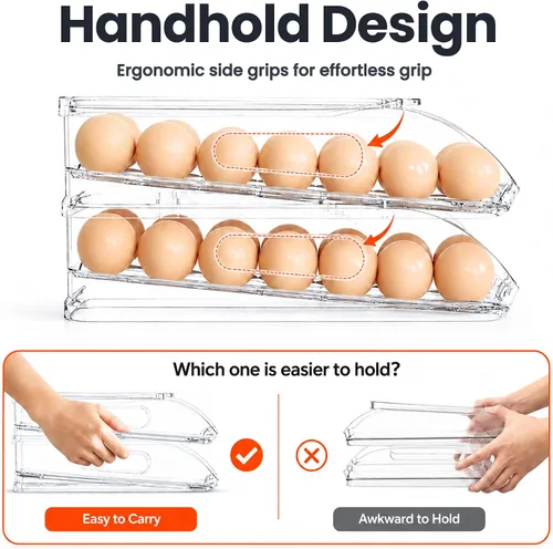 Vista 8 de SMRCAD Soporte para Huevos para Refrigerador, Dispensador de Huevos con Rodamiento Estable Automático con Parachoques de Silicona y Asa para Nevera