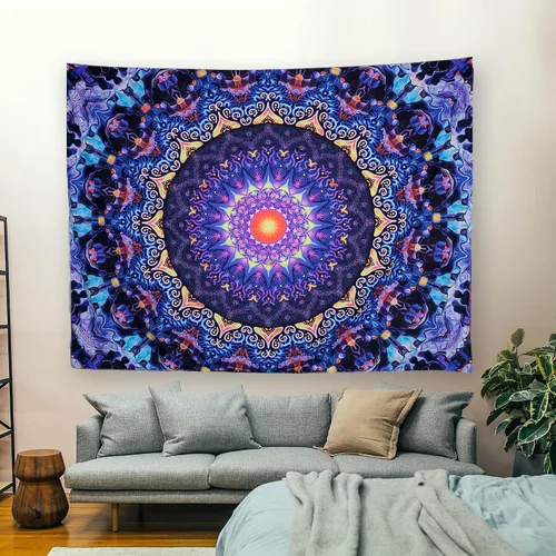 Vista 3 de OSVINO Tapiz de mandala trippy de luz negra, 59 x 51 pulgadas, tapiz de fantasía reactiva a los rayos UV, decoración de pared para sala de estar
