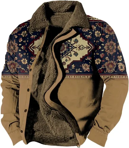 Vista 16 de LOAIHA Chaqueta de invierno para hombre, chaqueta azteca occidental para hombre, con cremallera, forro polar cálido, chaqueta vaquera, étnica vintage