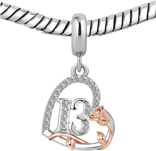 Vista 4 de Abalorios colgantes de corazón rosa de cumpleaños de 12, 13, 16, 18, 21, 30, 40, 50, 60, 70, compatible con pulsera Pandora, collar para mujer