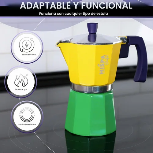 Vista 3 de Cafetera de café expreso para estufa, 3 tazas de café expreso (6 onzas), aluminio, plata, verde, azul y amarillo, con temática brasileña, cafetería