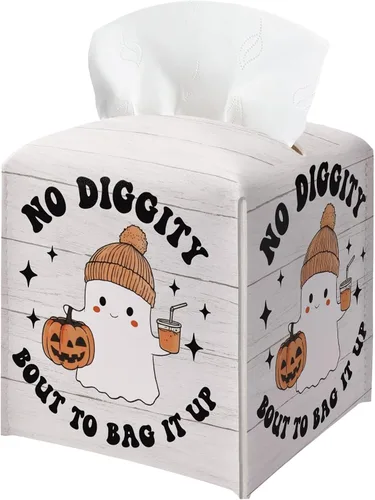 Vista 11 de Soporte para caja de pañuelos de Halloween con tapa cuadrada de cuero negro, organizador de papel facial, dispensador de papel higiénico para baño