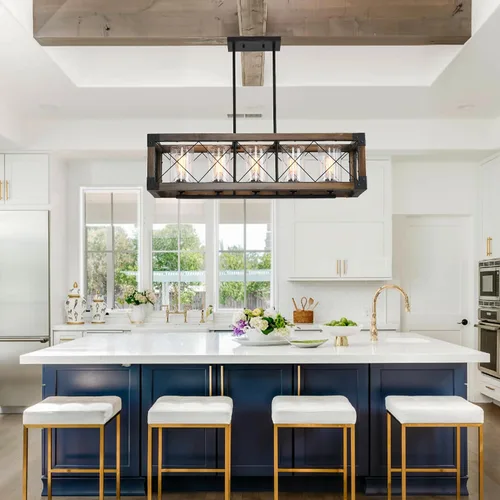 Vista 2 de Iluminación rústica de isla de cocina de granja, lámpara de 5 luces para comedor sobre mesa, lámpara de araña de madera rústica rectangular, lámpara
