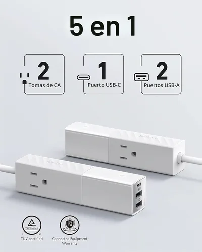 Vista 3 de [Usado] Anker Regleta de alimentación 511 con USB C, para viajes, 2 tomas de corriente y 3 puertos USB, cable de extensión suave de 5 pies, entrega