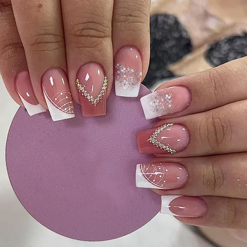 Vista 22 de 24 uñas postizas cuadradas de color negro brillante, de cobertura completa, con diseños de notas musicales, uñas postizas acrílicas con pegamento