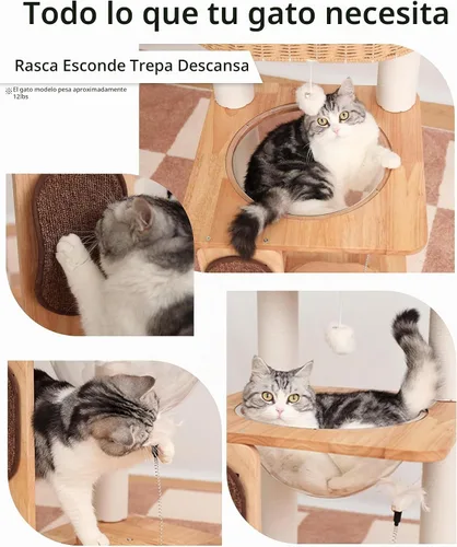 Vista 5 de Torre de madera para gatos de 32 pulgadas, cuenco acrílico, cama