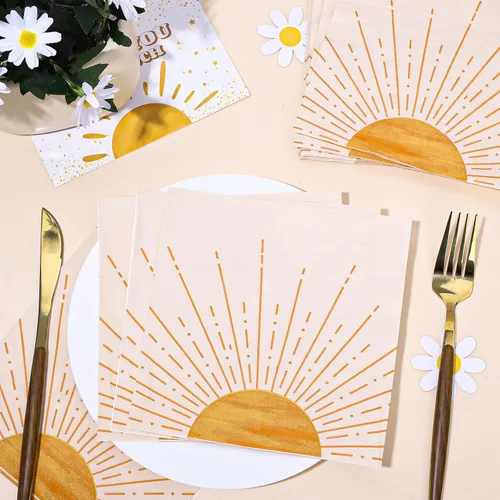 Vista 3 de Whaline 80 servilletas de papel de cumpleaños de estilo bohemio con sol y amanecer y sol, desechables, servilletas de almuerzo desechables para baby