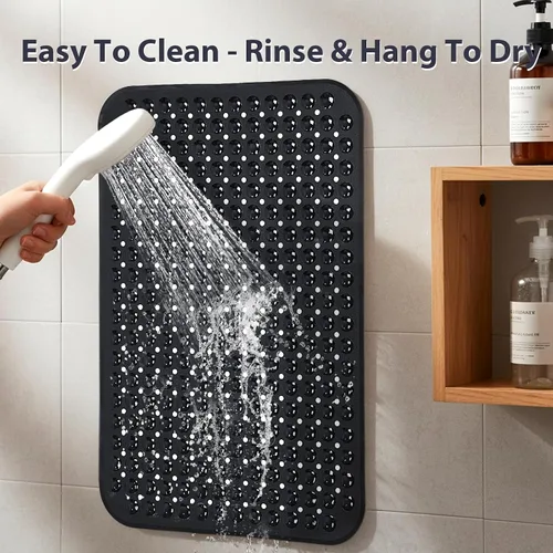 Vista 7 de Tapete de ducha negro antideslizante de 17 x 30 pulgadas, tamaño estándar, tapete de baño de burbujas suaves para ducha interior, tapete de baño