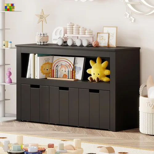 Vista 9 de HONEY JOY Organizador de almacenamiento de juguetes para niños, estante de guardería para niños, 3 cajas de juguetes de madera con ruedas, armario