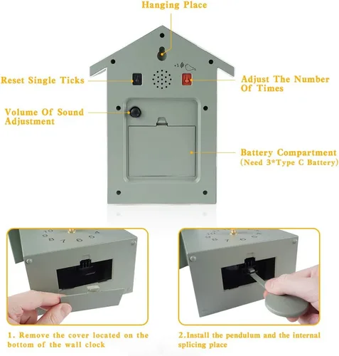 Vista 6 de KEYPOWER - Reloj de cuco, reloj de pared de cuco, sonidos de pájaros de cuco o llamada, péndulo de reloj con diseño, casa de pájaros, arte de pared