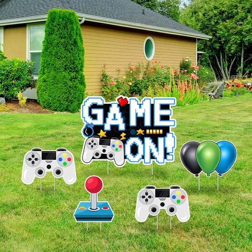 Vista 3 de Letreros de juego en video juego con estacas - Incluye palo de control remoto de juego y letreros de globo - Señales y estacas resistentes a