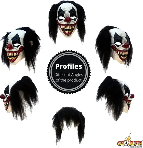 Vista 5 de Ghoulish Productions Darky the payaso, máscara negra de payaso espeluznante. Máscara de látex de payaso espeluznante con dientes puntiagudos.