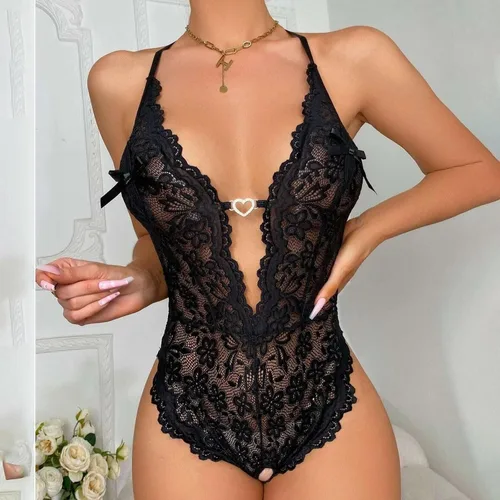 Vista 6 de Conjunto de lencería sexy sin espalda de encaje hueco con gancho y anillo sin anillos de acero para mujer