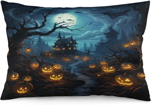 Vista 30 de Fundas de almohada frescas de casa embrujada, castillo, luna, bosque medieval, calabaza, fundas de almohada rectangulares con cremallera invisible