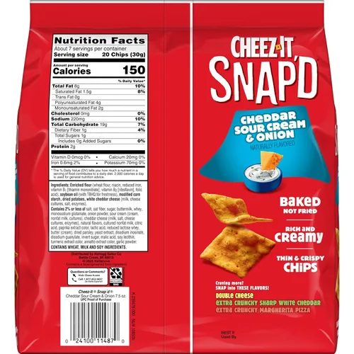 Vista 3 de Cheez-It Snap'd Chips de Galletas de Queso, Crujientes Delgadas, Aperitivos para el Almuerzo, Cheddar Crema Agria y Cebolla, Caja de 45oz (6 Bolsas)