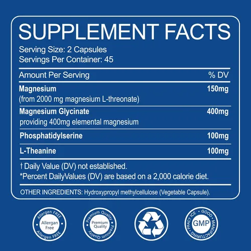 Vista 7 de L-treonato de magnesio 2,000 mg y glicinato de magnesio 400 mg 90 cápsulas vegetarianas Salud muscular, mejor sueño y salud cognitiva Alta