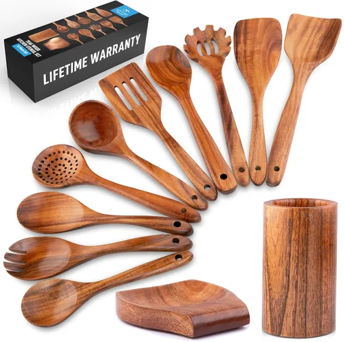 Vista 10 de Zulay Kitchen Juego de 5 cucharas de madera extragrandes - Utensilios de cocina de teca lisa - Cucharón, espátula, espumadera, tenedor, cuchara