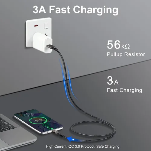 Vista 3 de Cable USB C de 3.3 pies, cable USB-A a USB-C USB 3.1 USB 3.2 Gen2 10Gbps cable de carga de datos para Samsung Galaxy S24 S23 S22 S21 S20 S10 S9 S8+