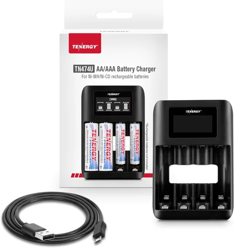 Vista 9 de Tenergy TN474U Cargador de batería NiMH/NiCD de 4 bahías con pantalla LCD y entrada USB, cargador portátil para baterías AA/AAA NiMH y NiCD