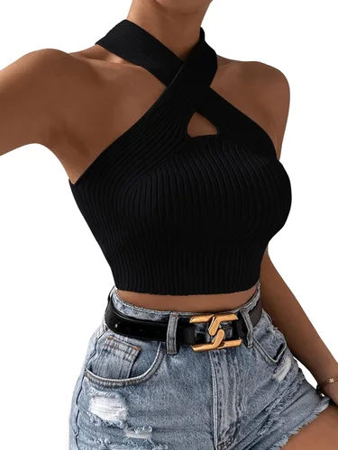 Vista 5 de SweatyRocks Camiseta sin mangas casual con cuello halter cruzado para mujer, de punto acanalado