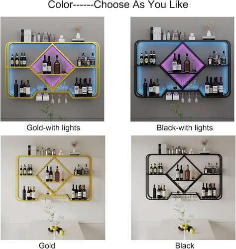 Vista 3 de Estante de metal para vino montado en la pared con soporte colgante para copas de vino, estante para licor, estante de almacenamiento de cocina