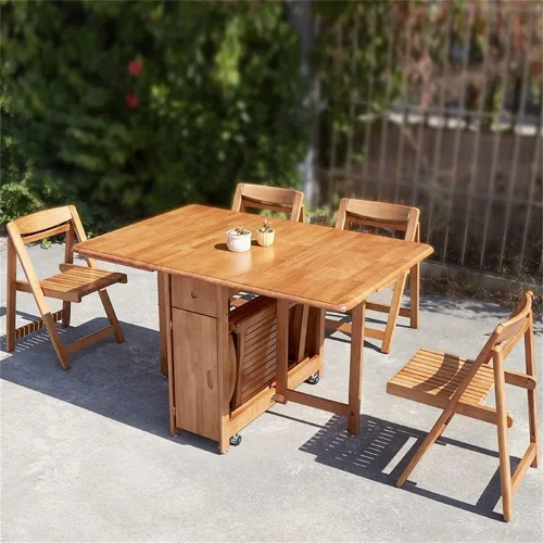 Vista 2 de LAKIQ Mesa de comedor plegable de madera maciza con almacenamiento, mesa de cocina rectangular con cajones, mesa de cocina plegable con ruedas, solo