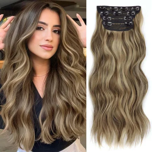 Vista 27 de 4 piezas de extensiones de cabello rizado con clip, color dorado oscuro, mezcla de rubio beige, sintético de 20 pulgadas de largo, extensiones