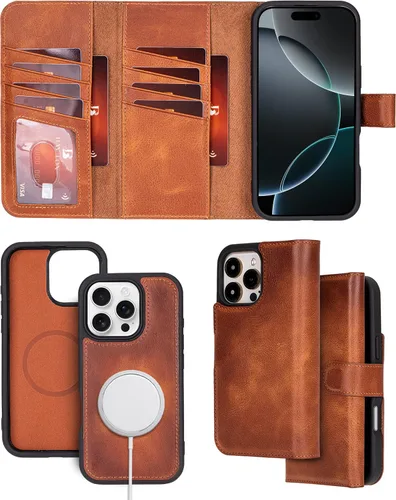 Vista 20 de Bayelon Estuche tipo billetera para iPhone 15 Pro, cartera de cuero desplegable de tres pliegues, cubierta tipo folio magnética desmontable, soporte