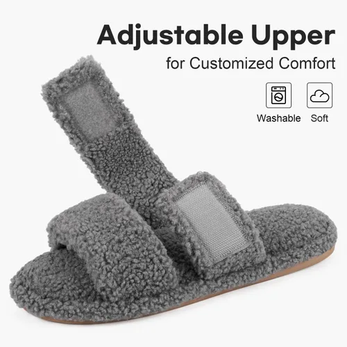 Vista 3 de FamilyFairy Open Toe Slippers for Women Adjustable Memory Foam House Shoes Faux Fur Fuzzy Slide Sandals Non Slip Washable