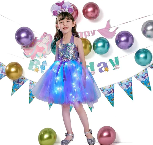 Vista 3 de Davsolly Mermaid Costume for Girls Led Light Up Mermaid Princess Tutu for Birthday Halloween Cosplay Christmas Dress Up Gifts