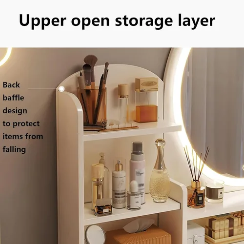 Vista 5 de Escritorio de maquillaje con espejo y luces, moderno escritorio de maquillaje para dormitorio, con mucho almacenamiento, 3 modos de iluminación