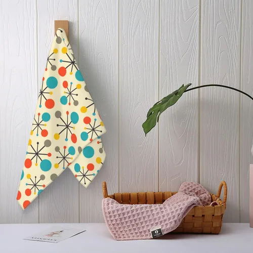 Vista 4 de Mid Century Fifties - Juego de 2 toallas de mano modernas atómicas retro para baño, suaves, absorbentes, amarillas, para baño, cocina, playa, spa