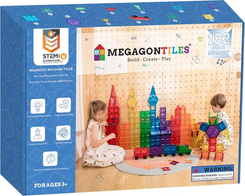 Vista 11 de MEGAGONTILES Juego de 60 azulejos magnéticos para estación de bomberos Bloques de construcción magnéticos STEM con camiones de bomberos y grúas