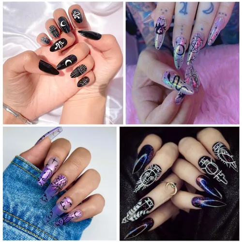 Vista 6 de 8 hojas de calcomanías metálicas para arte de uñas, luna plateada, estrella, sol, calcomanías de uñas de serpiente, calcomanías 3D autoadhesivas