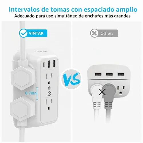 Vista 6 de Cargador de pared, protector de sobretensiones, extensor de 6 tomas de corriente con 3 puertos de carga USB (1 USB C, 3.4 A), regleta