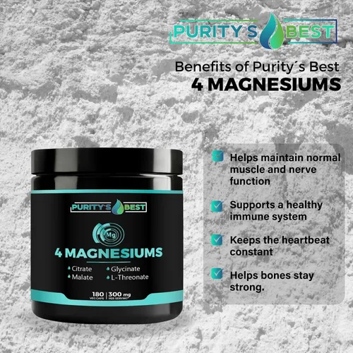 Vista 2 de Purity's Best 4 MAGNESIOMS, glicinato de magnesio premium, malato, L-treonato, citrato, 300 mg, 180 cápsulas vegetales, probado por terceros