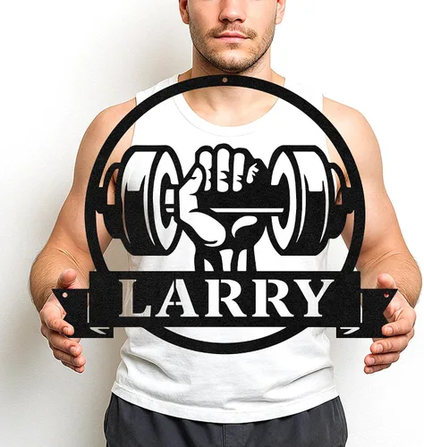 Vista 35 de Cartel de metal personalizado para gimnasio con nombre, arte de pared para sala de entrenamiento en casa, garaje, espacio de fitness, decoración