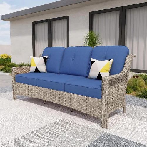 Vista 70 de HOOOWOOO Sofá de patio de 3 plazas de mimbre para exteriores, resistente a todo tipo de clima, con respaldo alto, muebles a juego (beige y bronceado)