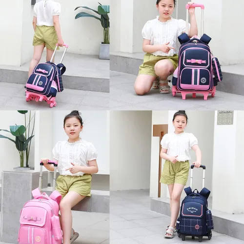 Vista 7 de Mfikaryi Pretty Princess - Mochila con ruedas para niñas, escuela primaria primaria con ruedas, Deep Blue-6 Ruedas, Classic