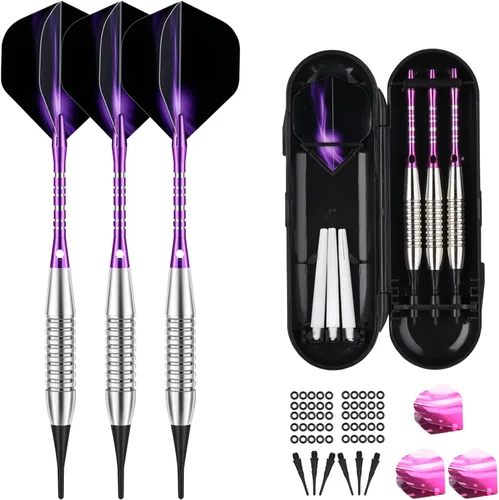 Vista 12 de Juego de puntas de plástico para dardos – 0.63 oz 0.74 oz colorido arco iris punta suave dardos 50 juntas tóricas antisueltas 6 ejes