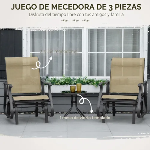 Vista 3 de Outsunny Juego de 3 planeadores para exteriores, mesa de bistró y sillas con marco de acero, mesa superior de vidrio templado para patio, jardín