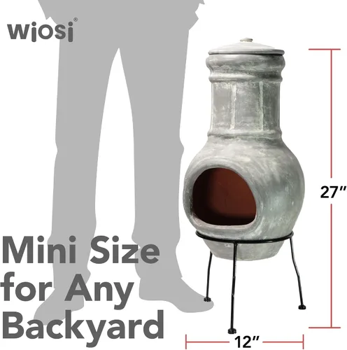 Vista 6 de Wiosi Chiminea Pequeña Chimenea Exterior Gris – Chimineas de Arcilla con Tapas de Lluvia para Chimenea y Soportes de Metal Sólido – Mini Chimenea