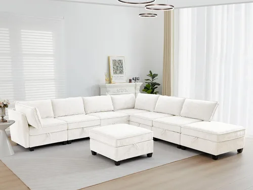 Vista 4 de ORRD Juego de sofá modular esquinero de gran tamaño, sofá convertible en forma de L con almacenamiento, sofá modular de 8 plazas con otomanas y Beige