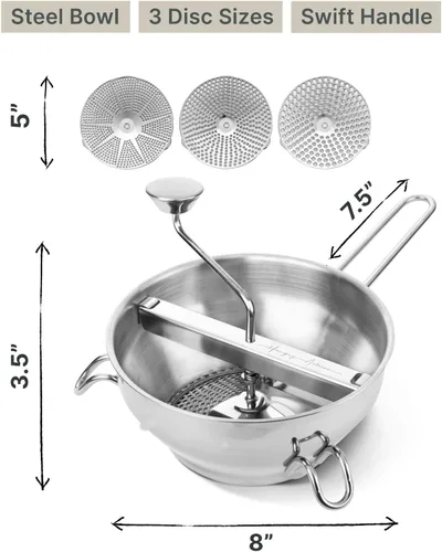 Vista 7 de Molinillo de alimentos de acero inoxidable con 3 discos, manivela giratoria ergonómica para salsa de tomate, puré de manzana, comida para bebés