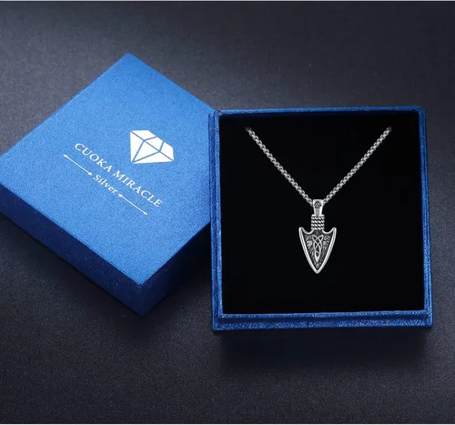 Vista 7 de CUOKA MIRACLE Collar vikingo de punta de flecha de plata de ley 25 para hombre, collar vikingo de punta de lanza con nudo celta y flecha