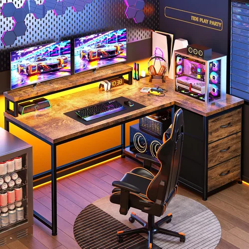 Vista 13 de EnHomee Escritorio para juegos en forma de L con luces LED y toma de corriente, escritorio de computadora de 40 pulgadas con cajones, escritorio